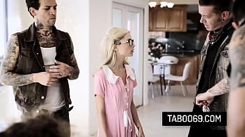 Skinny blonde teen Piper Perri getting gangbanged in front of