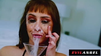 Nasty Babe Drinks a Glass of Cum and Spit after
