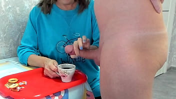 Milf granny drinks coffee with cum taboo ,big dick huge
