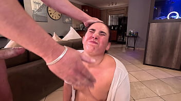 Facefucked whore gets a cum slap after gagging on big