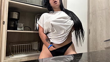 Juicy masturbation in the hotel kitchen - big natural tits