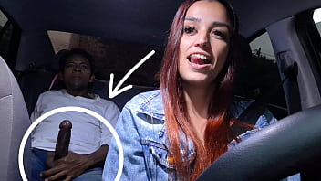 Slutty delivery driver catches gifted passenger masturbating from behind!