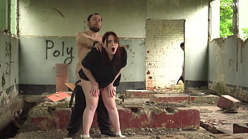 Bull cums in cuckold wife on an abandoned building