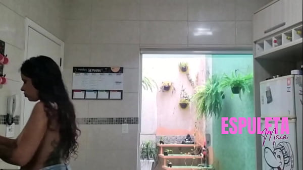 Hot brunette cooking in a different way - naked for