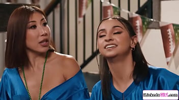 Lesbian babe won the bet and fucks her big tits