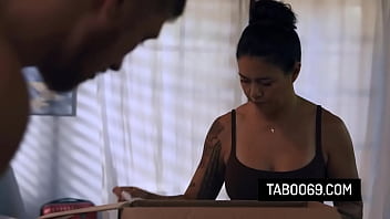 Hot asian milf fucking with stepson who is wearing her