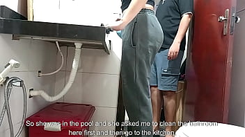 Maid is caught in the bathroom.