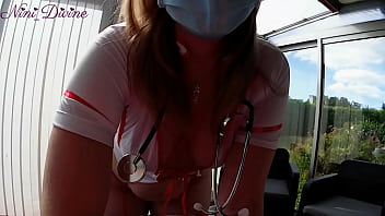 Cumshot on Nini the nurse's natural boobs and her huge