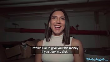 Public Agent Beautiful Brunette Biology Student Cums Over a Stranger