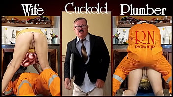 Cheating housewife, plumber and cuckold husband at the kitchen. Scene