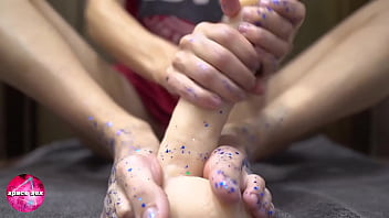 Girl Play with Glitters and Footjob Big Dildo - Foot