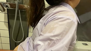 Student with very big breasts gets fucked in the bathroom.