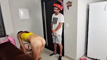 Slut alone at home receives delivery boy wearing just a