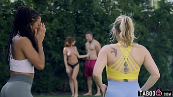 Jogging babes stumble across MILF in her backyard with her