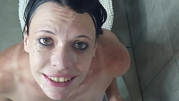 Dumb slut getting a piss and cum facial | Bj