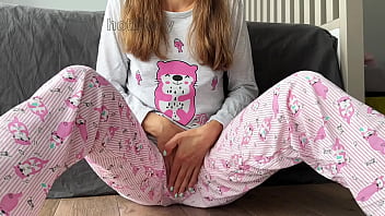 Skinny babe in pajama masturbate small tits fingering pussy closeup