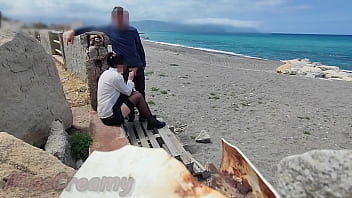 Dick Flash! Risky Blowjob on Beach: Stocking Teacher and Student
