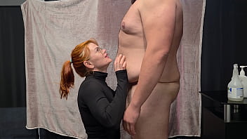 Chubby man is kissing on his belly by hot redhair