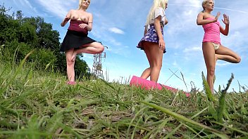 Outdoors, Public Fitness in Shortest Skirts on a windy day,