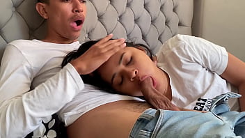 Perverted stepdad puts his cock in my mouth until he