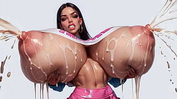 Extremely horny AI Latina babe rhythmically milks her plump udders