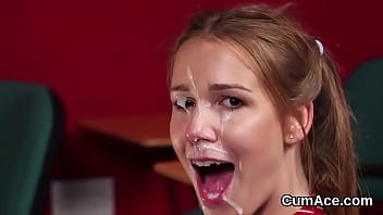 Sexy peach gets cumshot on her face eating all the