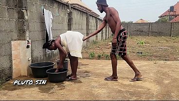 New tenant getting fucked in the backyard in standing doggy