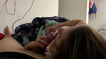 My stepsister plays with my cock while we watch a