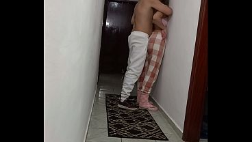 Stepdaughter grinding against the wall, rubbing dry and masturbating her.