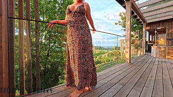 Curvy lady in leo dress has risky public balcony outdoor