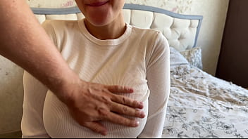 A completely natural busty BRUNETTE needs attention while her boyfriend