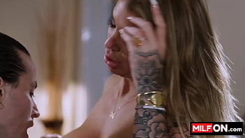 Stunning big tit blonde MILF covered in sexy tattoos suck