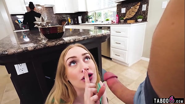Teen stepsister Emma Starletto hides the kitchen blowjob from our