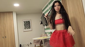 Beautiful woman in a red skirt and without underwear, wants