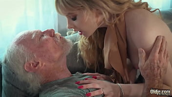 Hot sexy blonde gags on old grandpa cock and she