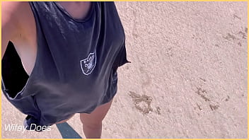 WIFE dare walking around side boob on public beach