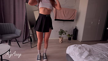 A curly-haired model in sneakers gets a sweet creampie -