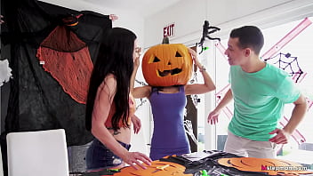 Stepmom's Head Stucked In Halloween Pumpkin, Stepson Helps With His