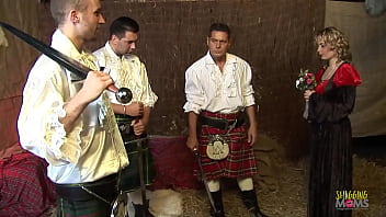 Three men give the kinky blonde milf a rough double