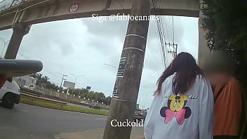 Horn challenge! Shy hotwife entering the cafe with black man