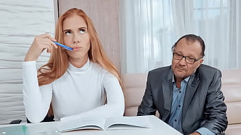 Dumb Russian Redhead Taking Care of Old Teacher's Grades To