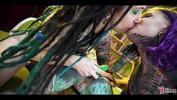 Two tattooed babes get their holes gaped wide with big