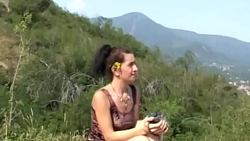 Neglected brunette milf gets fucked in the woods by two